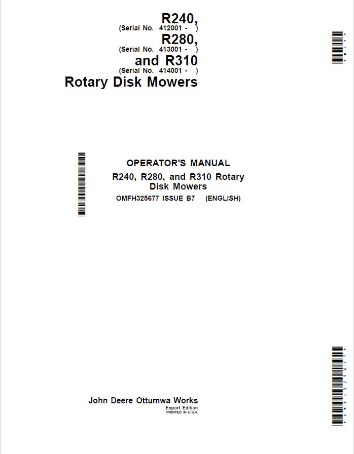 John Deere R240, R280, R310 Rotary Disk Mowers Operator's Manual PDF OMFH325677