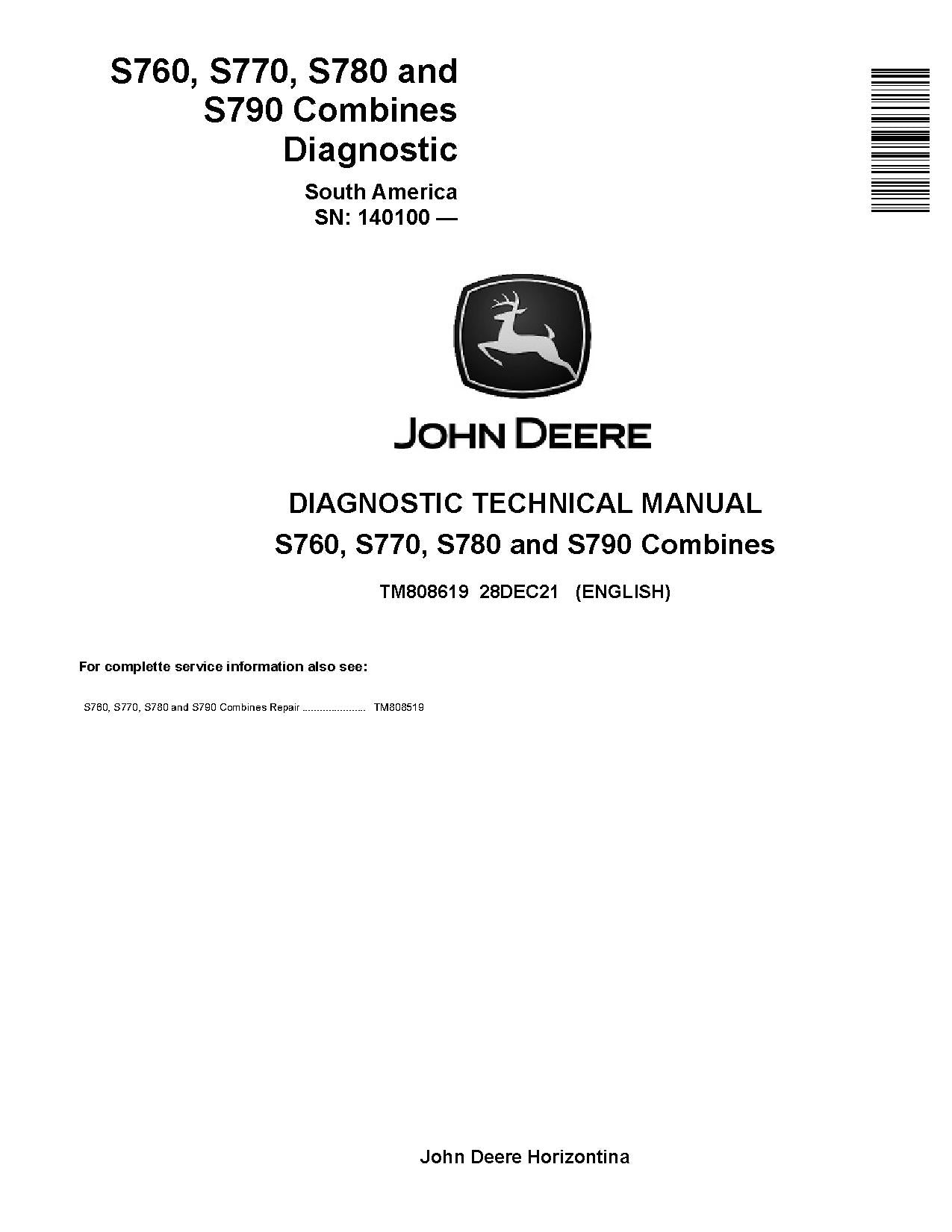TM808619 John Deere S-Series S760, S770, S780 and S790 Combines Pdf Diagnostic Technical Manual