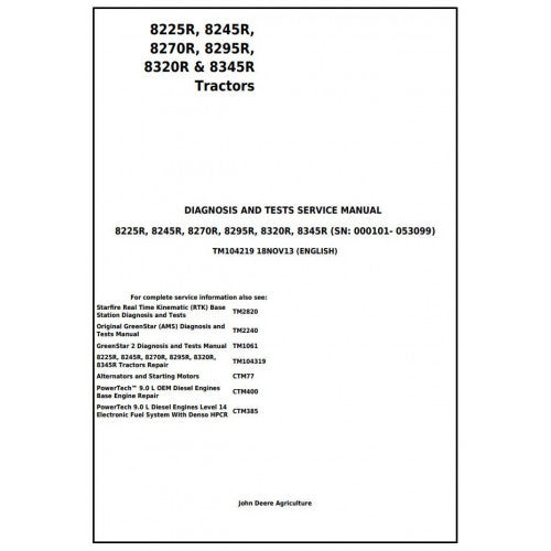TM104219 John Deere 8225R, 8245R, 8270R, 8295R, 8320R, 8345R Tractor Pdf Diagnosis and Tests Service Manual