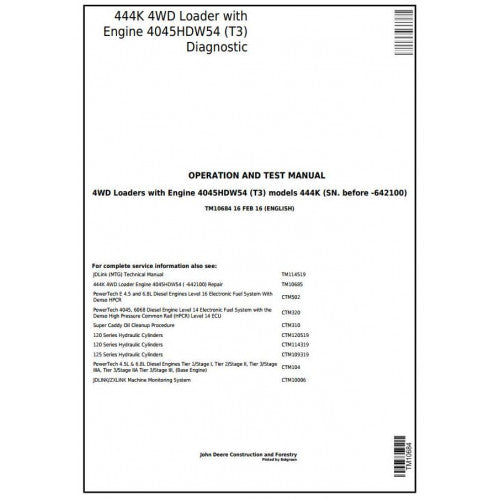 TM10684 John Deere 444K (T3) 4WD Loader Pdf Diagnostic, Operation and Test Service Manual