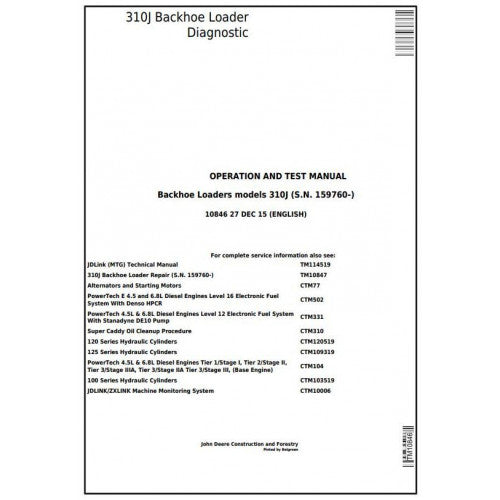 TM10846 John Deere 310J Backhoe Loader Pdf Diagnostic, Operation and Test Service Manual