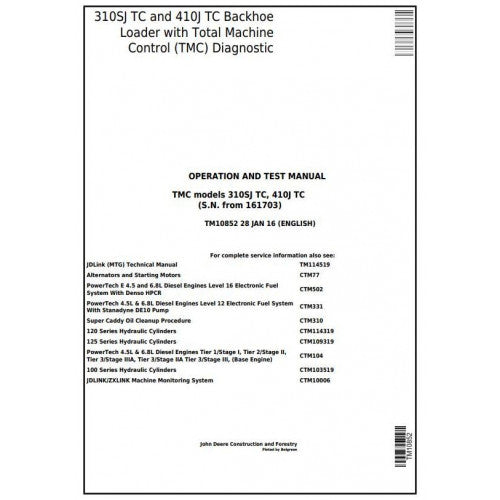 TM10852 John Deere 310SJ TC, 410J TC Backhoe Loader Pdf Diagnostic, Operation and Test Service Manual