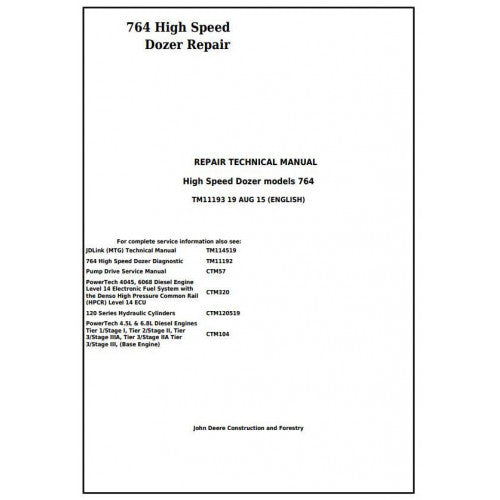 TM11193 John Deere 764 High Speed Crawler Dozer Pdf Repair Service Technical Manual