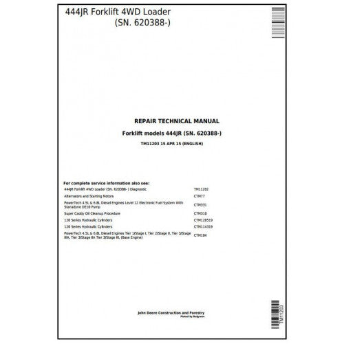 TM11203 John Deere 444JR Forklift 4WD Loader Pdf Repair Service Technical Manual