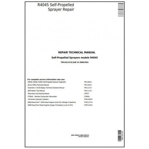 TM116119 John Deere R4045 Self-Propelled Sprayers Pdf Technical Service Manual
