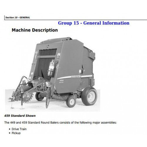 TM121019 John Deere 449, 459 Standard Hay and Forage Round Balers All Inclusive Pdf Technical Service Manual 2