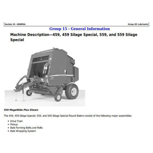 TM121119 John Deere 459s, 559s Silage Special, 459, 559 Round Balers All Inclusive Pdf Technical Service Manual 2
