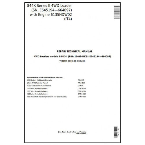 TM12119 John Deere 844K Series II 4WD Loader Pdf Repair Service Technical Manual