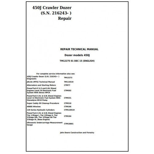 TM12275 John Deere 450J Crawler Dozer Pdf Repair Service Technical Manual