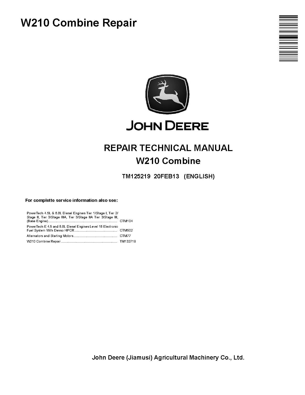 TM125219 John Deere W210 Combines Pdf Technical Service Manual