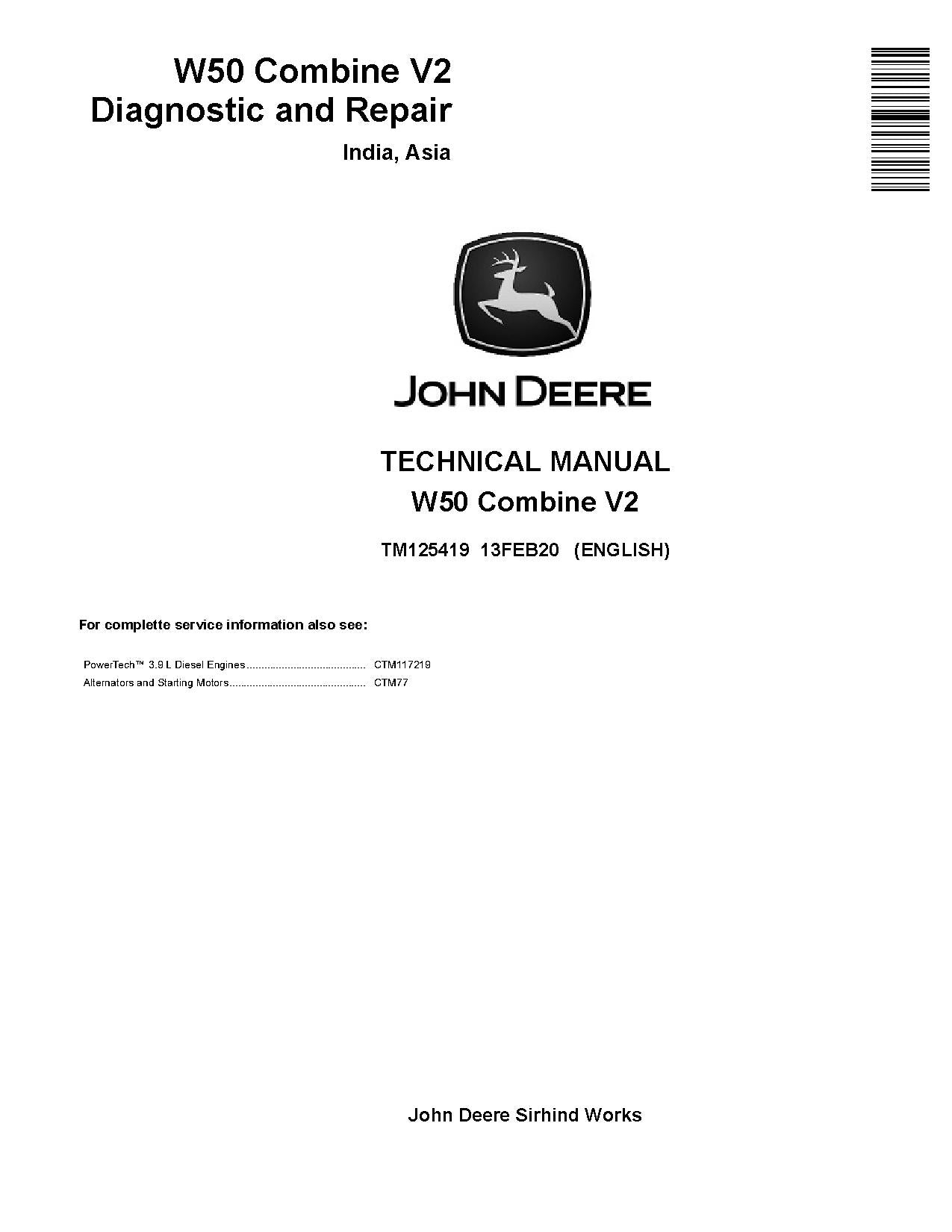 TM125419 John Deere W50 V2 Combines Pdf Technical Service Manual