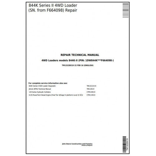 TM13228X19 John Deere 844K Series II 4WD Loader Pdf Repair Service Technical Manual