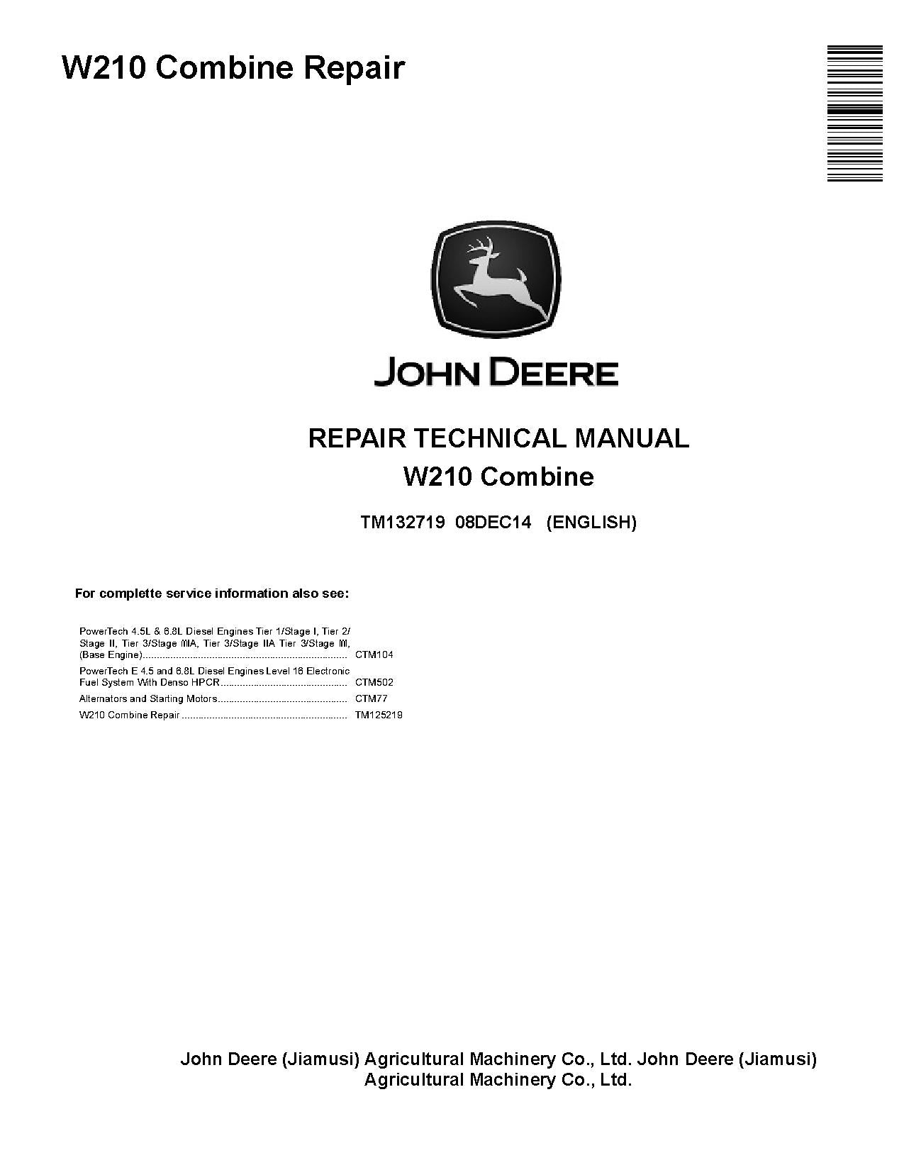 TM132719 John Deere W210 Combine Pdf Technical Service Manual