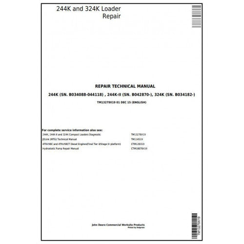 TM13279X19 John Deere 244K, 224K-II, 324K Loader Pdf Repair Service Technical Manual