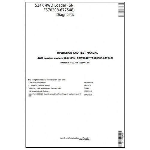 TM13362X19 John Deere 524K 4WD Loader Pdf Diagnostic, Operation and Test Service Manual