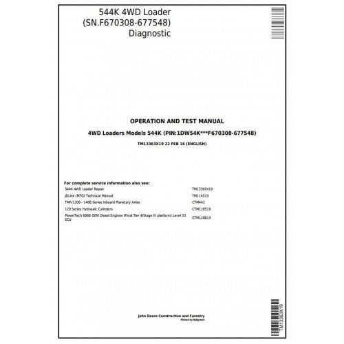 TM13363X19 John Deere 544K 4WD Loader Pdf Diagnostic, Operation and Test Service Manual