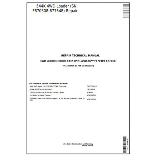 TM13369X19 John Deere 544K 4WD Loader Pdf Repair Service Technical Manual