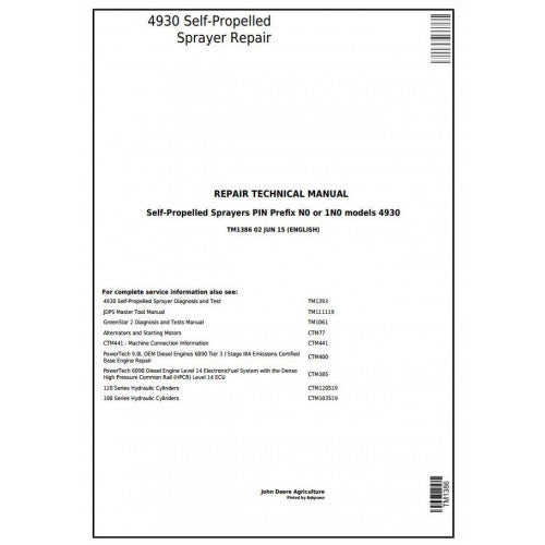 TM1386 John Deere 4930 Self-Propelled Sprayers Pdf Technical Service Manual