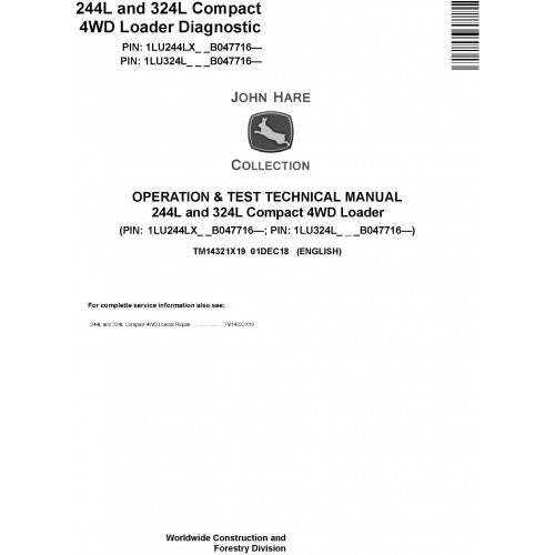 TM14321X19 John Deere 244L and 324L Compact 4WD Loader Pdf Operation & Test Technical Manual