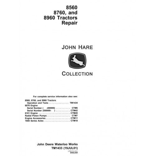 TM1433 John Deere 8560, 8760, 8960 4WD Articulated Tractor Pdf Repair Service Technical Manual