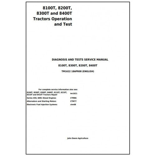TM1622 John Deere 8100T, 8200T, 8300T and 8400T Tracks Tractor Diagnosis and Tests Service Manual