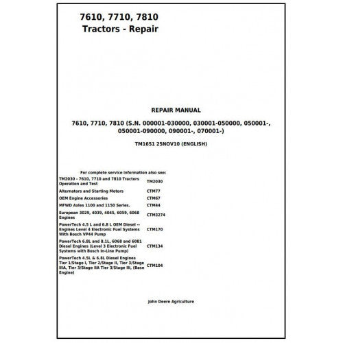 TM1651 John Deere 7610, 7710, 7810 Tractor Pdf Repair Technical Manual