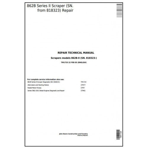 TM1725 John Deere 862B Series II Scraper Pdf Repair Service Technical Manual