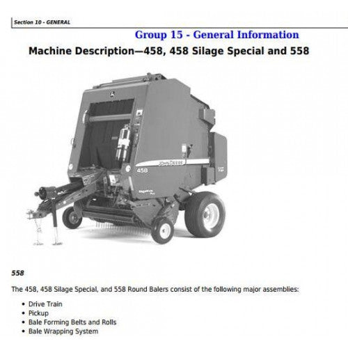 TM1735 John Deere 458, 558, 458 Silage Special Round Balers Pdf Technical Service Manual 2