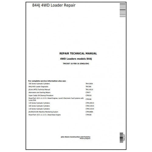 TM2307 John Deere 844J 4WD Loader Pdf Repair Service Technical Manual