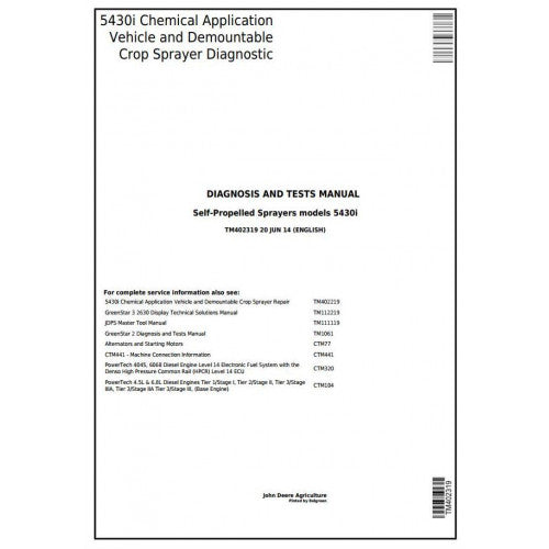 TM402319 John Deere 5430i Demountable Self-Propelled Crop Sprayer Pdf Diagnosis and Tests Service Manual