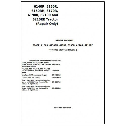 TM403919 John Deere 6140R, 6150R, 6150RH, 6170R, 6190R, 6210R, 6210RE Tractor Pdf Repair Service Technical Manual