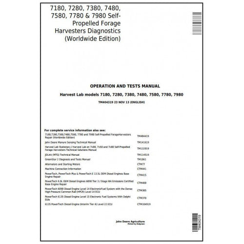 TM404319 John Deere 7180, 7280, 7380, 7480, 7580, 7780, 7980 Forage Harvesters Pdf Operation and Tests Manual