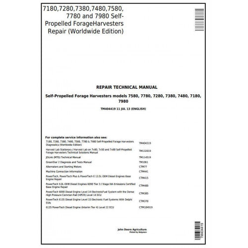 TM404419 John Deere 7180, 7280, 7380, 7480, 7580, 7780, 7980 Forage Harvester Pdf Technical Service Manual