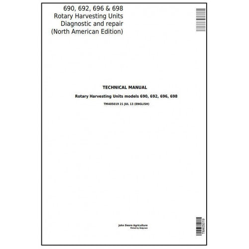 TM405019 John Deere 690, 692, 696, 698 Rotary Harvesting Unit Pdf Technical Service Manual