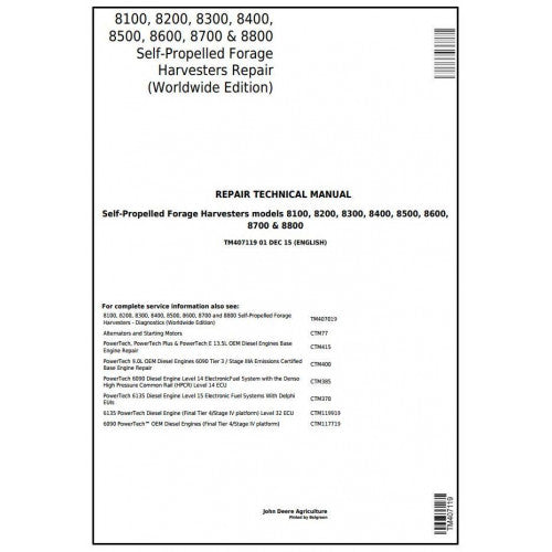 TM407119 John Deere 8100, 8200, 8300, 8400, 8500, 8600, 8700, 8800 Forage Harvester Pdf Technical Service Manual