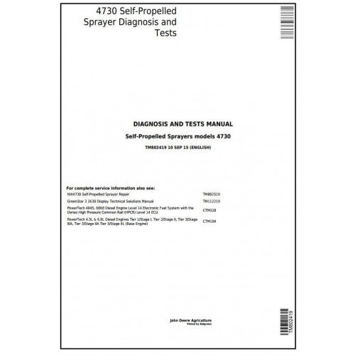 TM802419 John Deere 4730 Self-Propelled Sprayer Pdf Diagnosis and Tests Service Manual