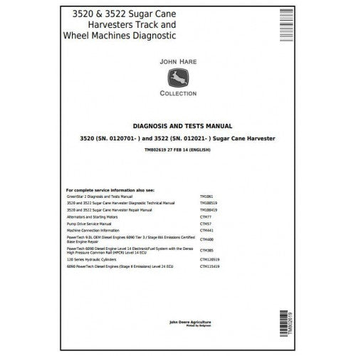 TM802619 John Deere 3520, 3522 Track & Wheel Sugar Cane Harvesters Pdf Diagnosis and Tests Service Manual