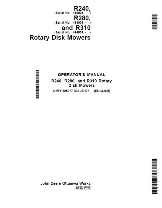 John Deere R240, R280, R310 Rotary Disk Mowers Operator's Manual PDF OMFH325677