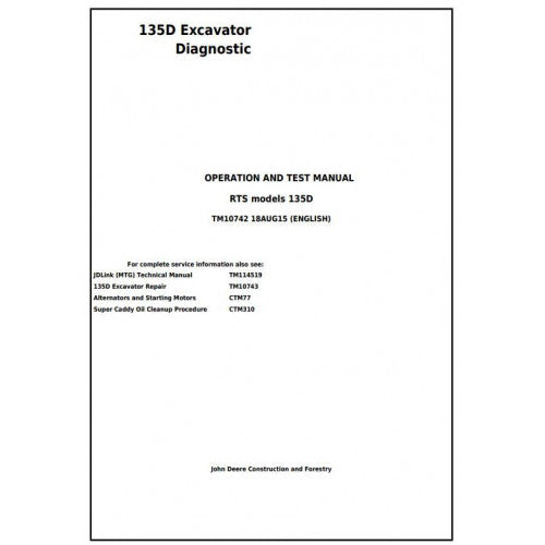 TM10742 John Deere 135D RTS Excavator Pdf Diagnostic, Operation and Test Service Manual