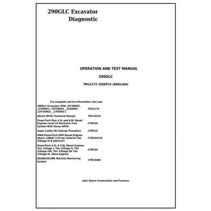 TM12172 John Deere 290GLC Excavator Pdf Diagnostic, Operation and Test Service Manual