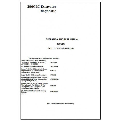 TM12172 John Deere 290GLC Excavator Pdf Diagnostic, Operation and Test Service Manual