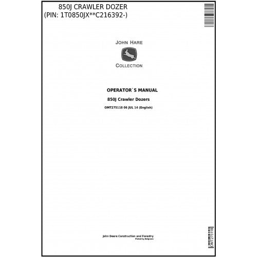 OMT275118 John Deere 850J Crawler Dozer Pdf Operator's Manual
