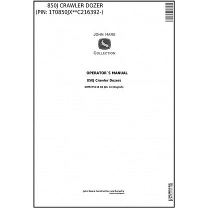 OMT275118 John Deere 850J Crawler Dozer Pdf Operator's Manual