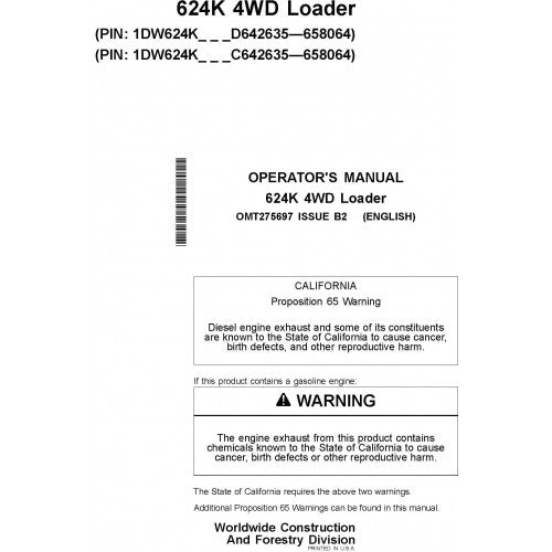 OMT275697 John Deere 624K 4WD Loader Pdf Operator's Manual
