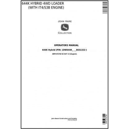 OMT276750 John Deere 644K Hybrid 4WD Loader Pdf Operators Manual