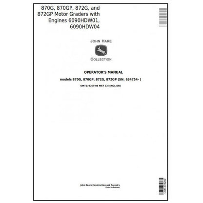 OMT278209 John Deere 870G, 870GP, 872G, 872GP Motor Grader Pdf Operator's Manual
