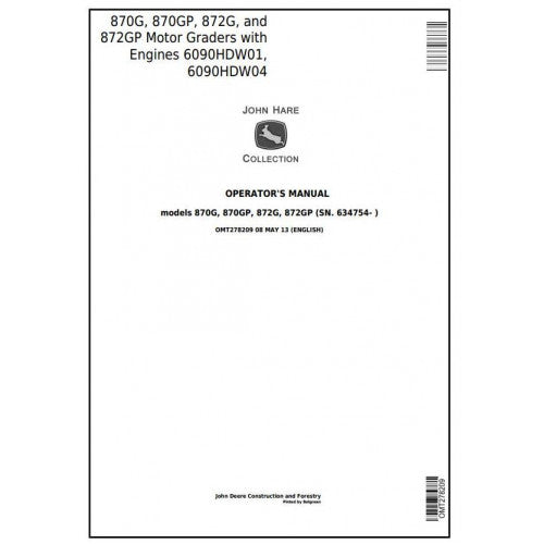 OMT278209 John Deere 870G, 870GP, 872G, 872GP Motor Grader Pdf Operator's Manual