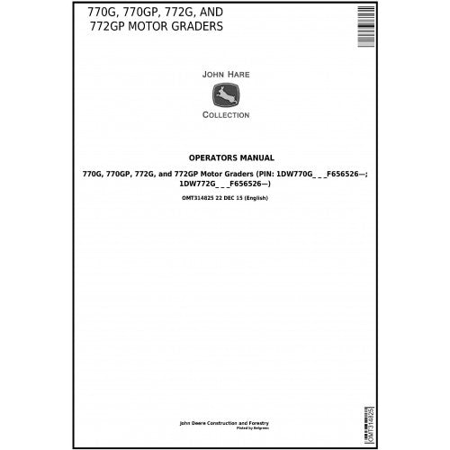 OMT314825 John Deere 770G, 770GP, 772G, and 772GP Motor Grader Pdf Operator's Manual