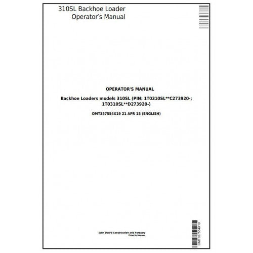 OMT357554X19 John Deere 310SL Backhoe Loader Pdf Operator's Manual