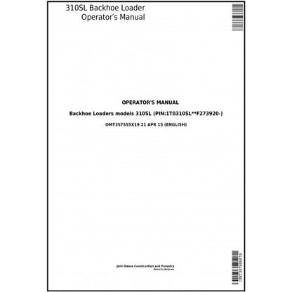 OMT357555X19 John Deere 310SL Backhoe Loader Pdf Operator's Manual